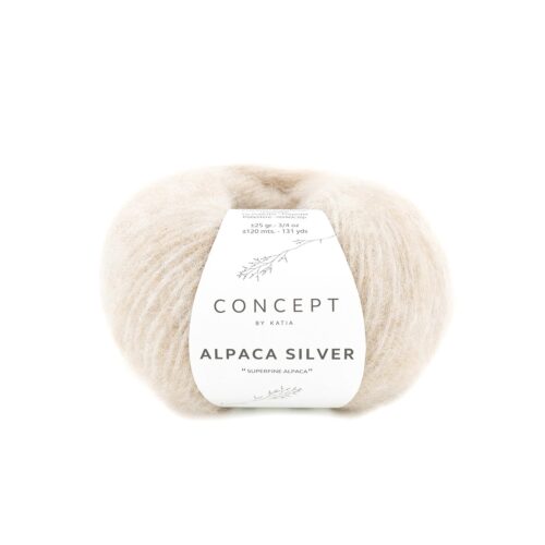 ovillo de lana alpaca silver de concept by katia compuesto por superfine alpaca, poliamida y poliéster de color 268 beige muy claro y plata